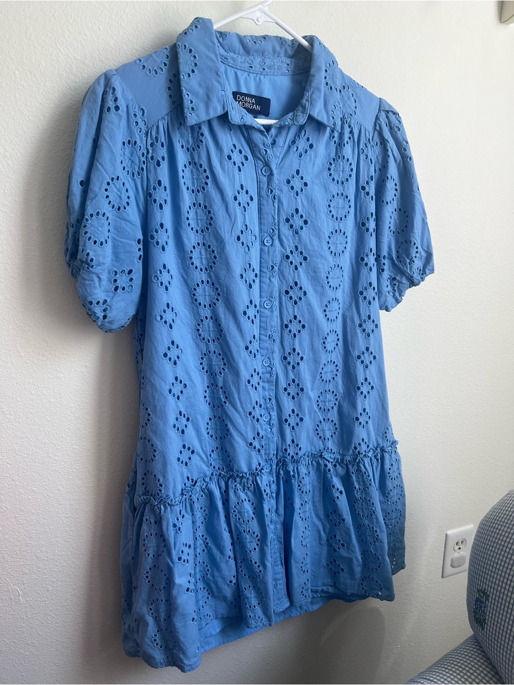 Donna Morgan Light Blue Eyelet Button-Down Mini Dress